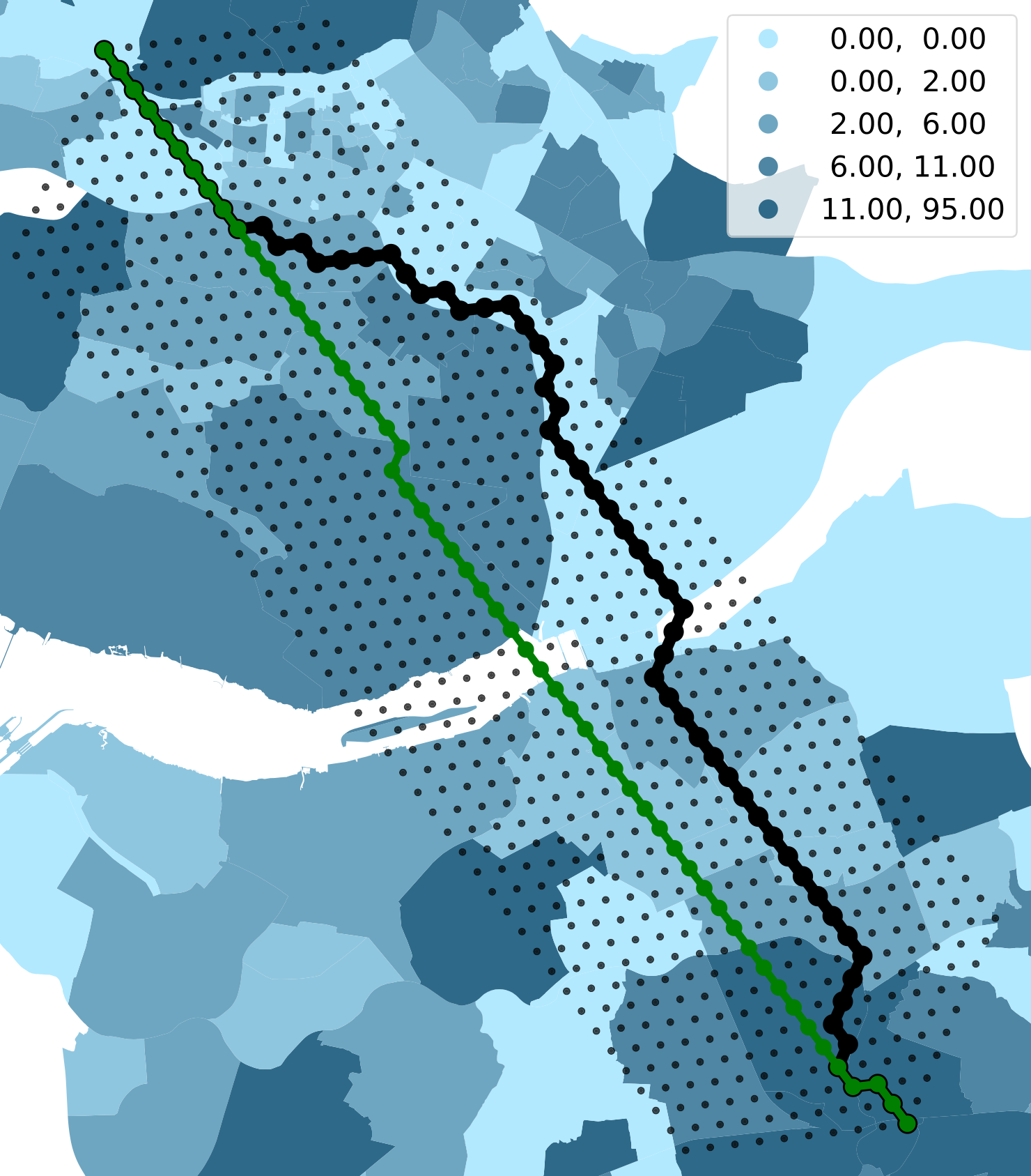 Finding a route that avoids populated areas while still finding a short path